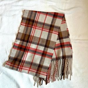 Banana Republic cream, brown and orange plaid fringed scarf. Like new condition
